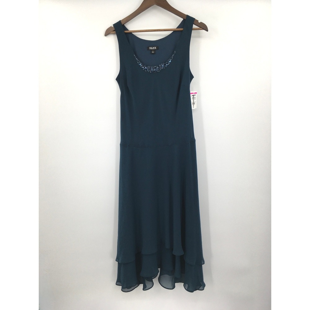 SLNY Beaded Tiered Chiffon Midi Dress Women 8 Teal Blue Formal Cocktail Bias Cut